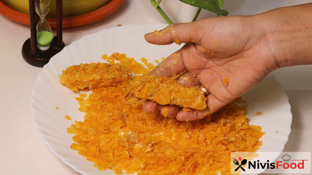Paneer cubes coated with corn flakes