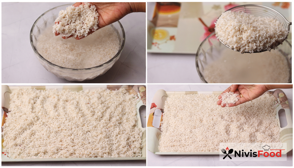 Step 1 of kajjaya recipe - preparing rice flour for traditional Diwali sweet