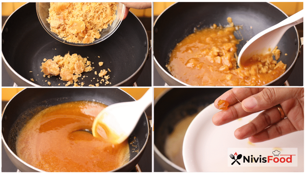 kajjaya recipe - preparing jaggery syrup for traditional Diwali sweet