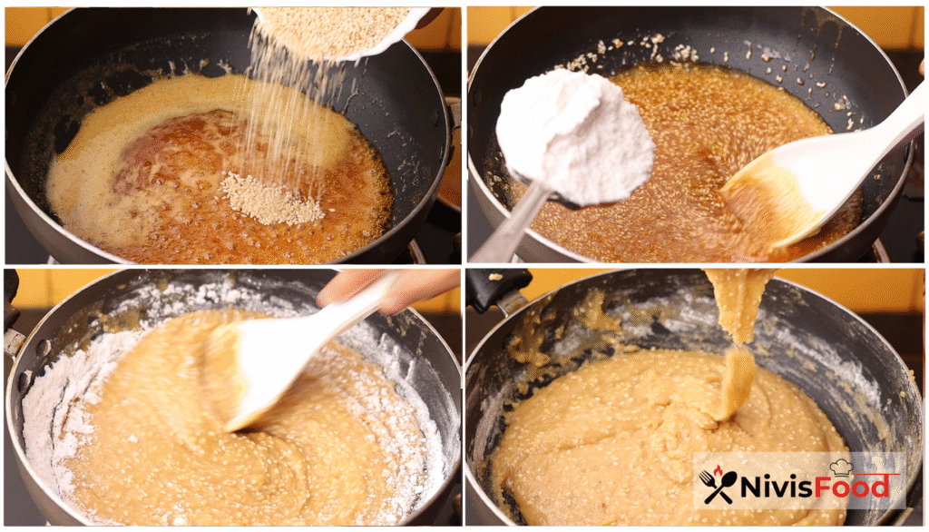 kajjaya recipe - mixing rice flour with jaggery syrup