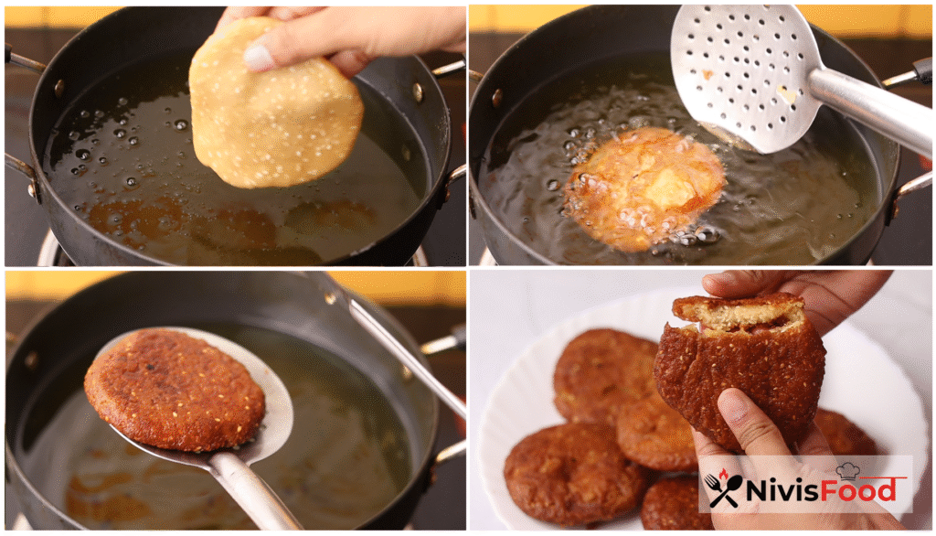 kajjaya recipe - deep frying in hot oil to make traditional Diwali sweet